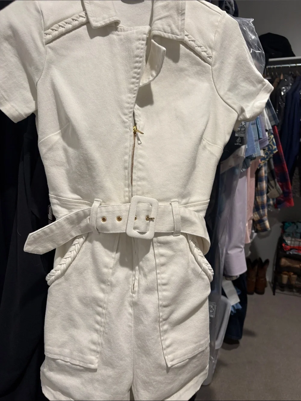Mumu White Short-Sleeve Zip Romper with Belt
